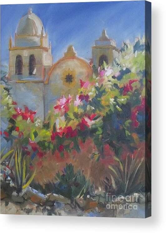 Doodlefly Acrylic Print featuring the painting Carmel Mission by Mary Hubley