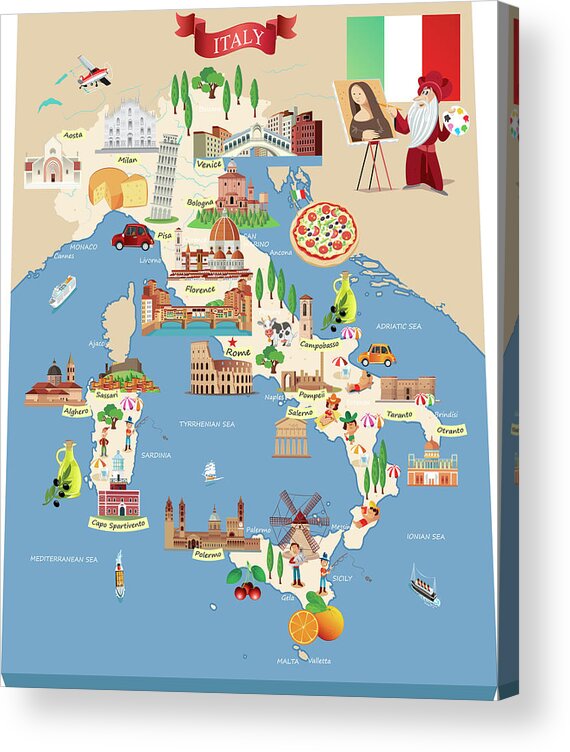 Adriatic Sea Acrylic Print featuring the digital art Cartoon Map Of Italy by Drmakkoy