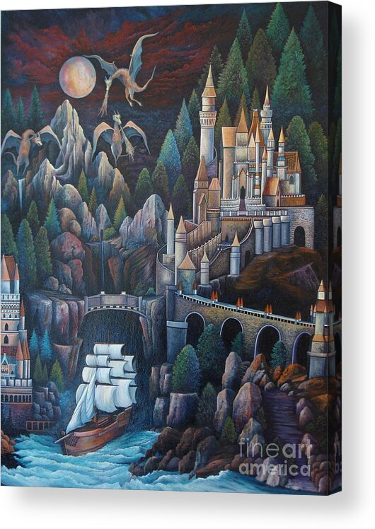 Fantasy Art Acrylic Print featuring the painting Castles and Dragons by Greg Reichert