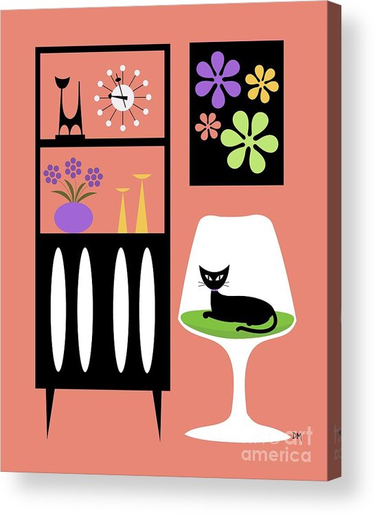 Mid Century Modern Acrylic Print featuring the digital art Cat in Pink Room by Donna Mibus