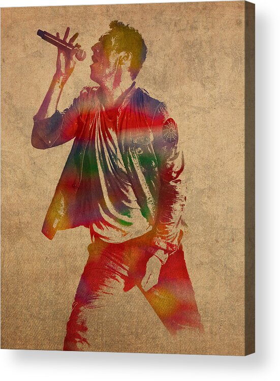 Chris Acrylic Print featuring the mixed media Chris Martin Coldplay Watercolor Portrait on Worn Distressed Canvas by Design Turnpike