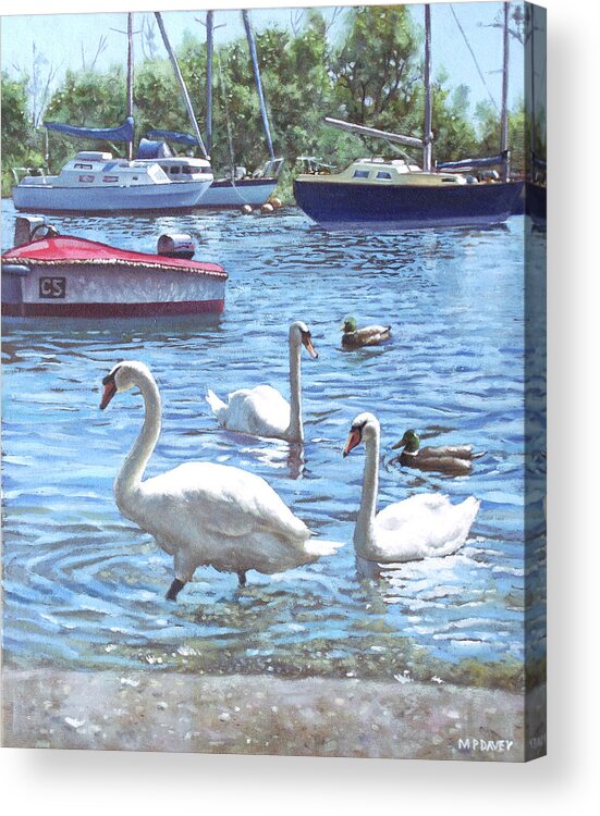 Christchurch Acrylic Print featuring the painting Christchurch Harbour Swans And Boats by Martin Davey