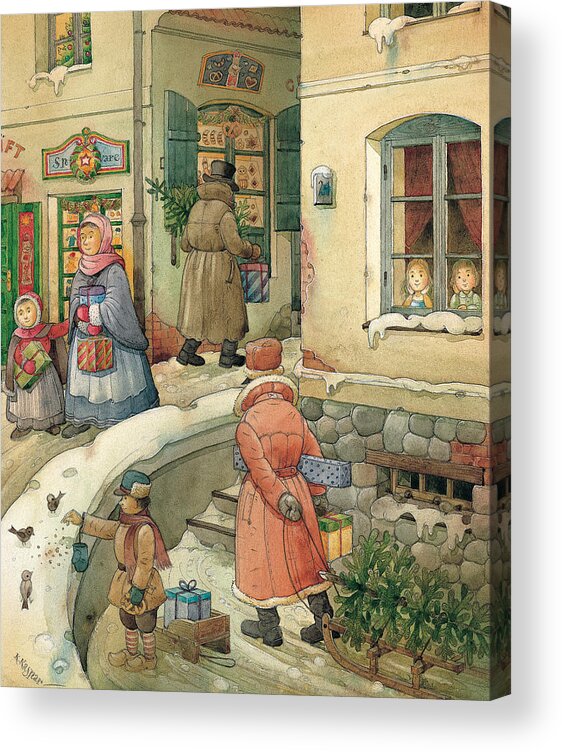 Christmas Greeting Cards Season Winter Snow Holiday Acrylic Print featuring the painting Christmas in the Town by Kestutis Kasparavicius