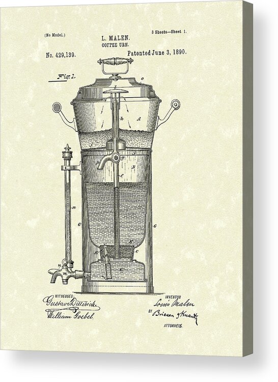 Malen Acrylic Print featuring the drawing Coffee Urn 1890 Patent Art by Prior Art Design