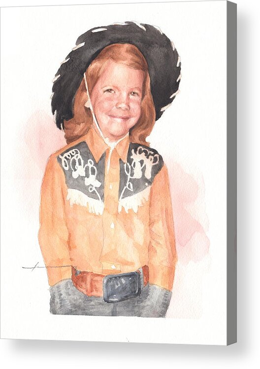 <a Href=http://miketheuer.com Target =_blank>www.miketheuer.com</a> Cowgirl Watercolor Portrait Acrylic Print featuring the drawing Cowgirl Watercolor Portrait by Mike Theuer