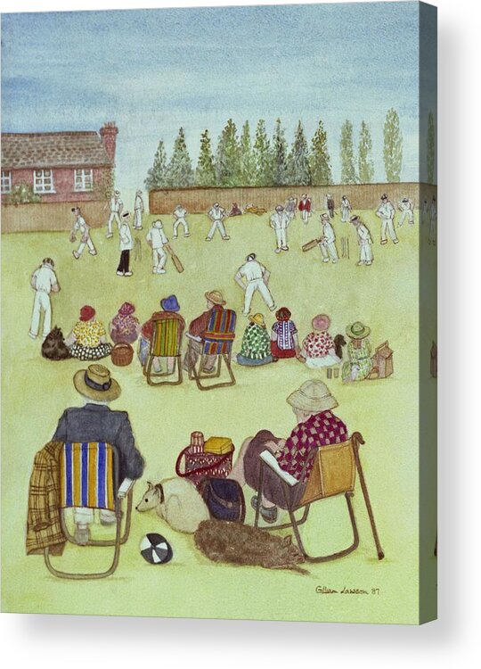 Cricket Acrylic Print featuring the photograph Cricket On The Green, 1987 Watercolour On Paper by Gillian Lawson