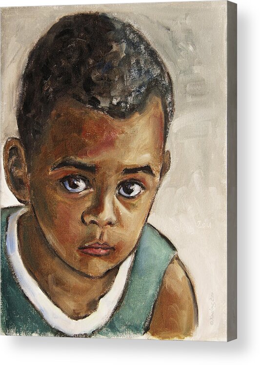Boy Acrylic Print featuring the painting Curious Little Boy by Xueling Zou