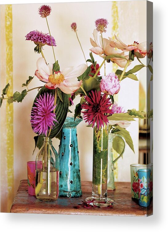 Flowers Acrylic Print featuring the photograph Dahlias And Peonies In Majolica Vases by James Merrell