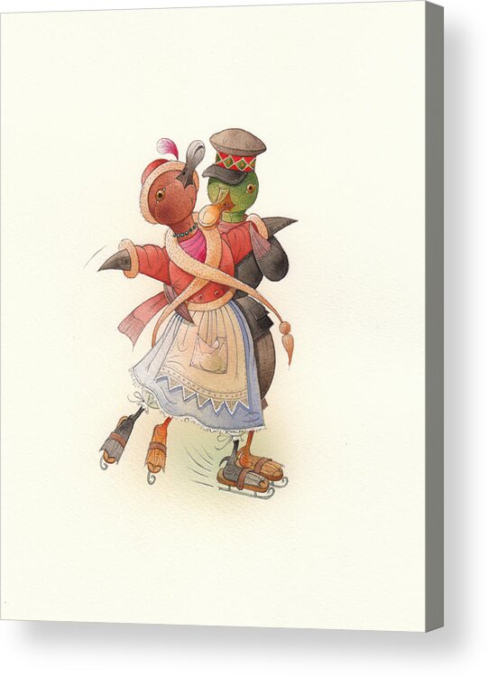 Christmas. Winter Acrylic Print featuring the painting Dancing Ducks 02 by Kestutis Kasparavicius