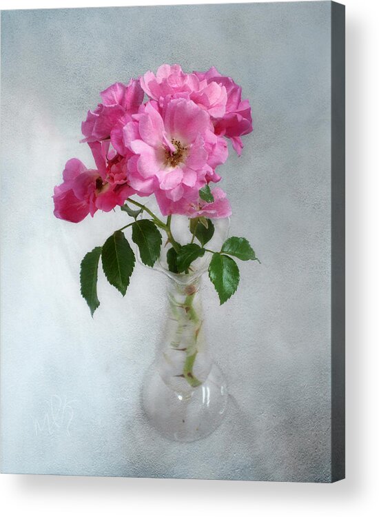 Roses Acrylic Print featuring the photograph Fragrant Deep Pink Roses in a Clear Glass Vase Still Life by Louise Kumpf