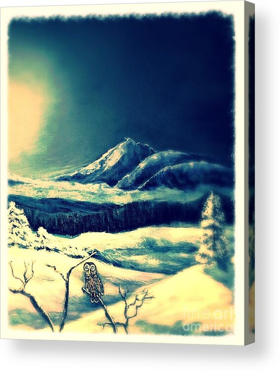 Nature Scene Owl At Night With Snow Capped Mountains In Background Moonlit Crystal Blue Sky With A Soft Glow Acrylic Print featuring the painting Dream of an Owl Keeping Watch by Kimberlee Baxter