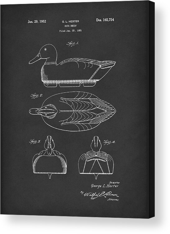 G.l. Herter Acrylic Print featuring the drawing Duck Decoy 1952 Patent Art Black by Prior Art Design