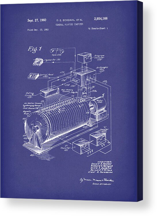Eckdahl Acrylic Print featuring the drawing Eckdahl Computer 1960 Patent Art Blue by Prior Art Design