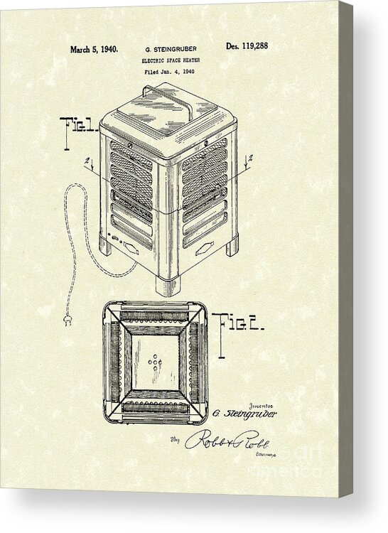Steingruber Acrylic Print featuring the drawing Electric Heater 1940 Patent Art by Prior Art Design