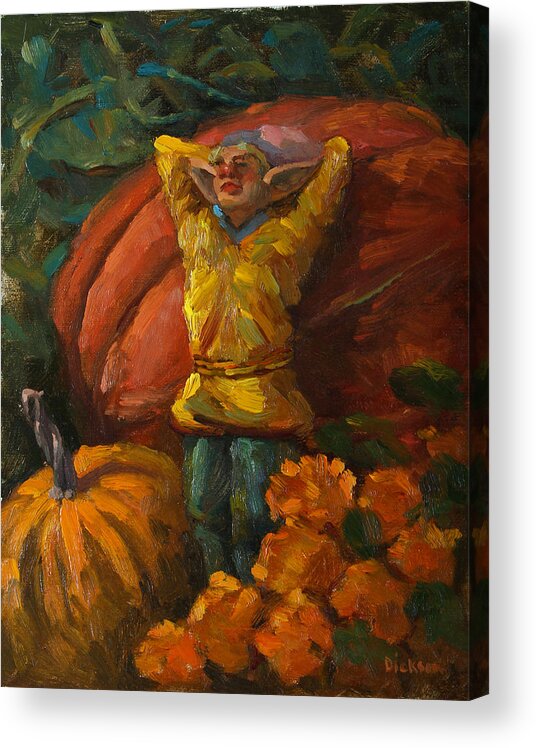 Elf Acrylic Print featuring the painting Elf in the pumpkin patch by Jeff Dickson