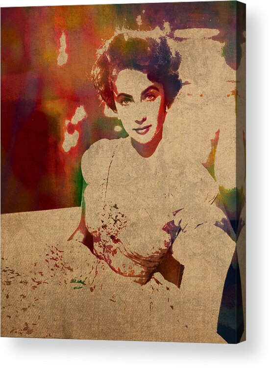 Elizabeth Taylor Acrylic Print featuring the mixed media Elizabeth Taylor Watercolor Portrait on Worn Distressed Canvas by Design Turnpike