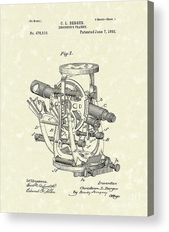 Berger Acrylic Print featuring the drawing Engineer's Transit 1892 Patent Art by Prior Art Design