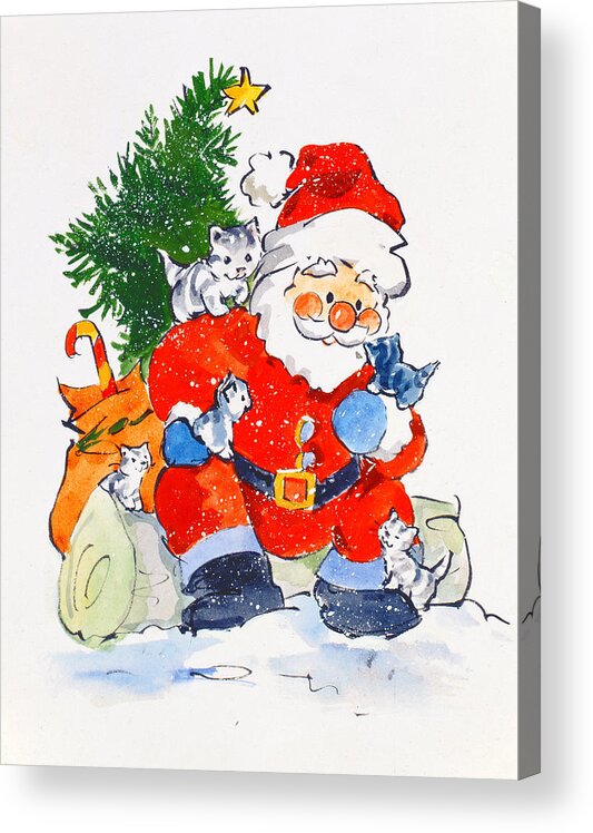 Christmas Acrylic Print featuring the painting Father Christmas And Kittens, 1996 by Diane Matthes