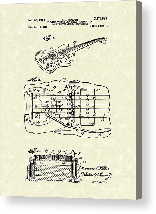 Fender Acrylic Print featuring the drawing Fender Floating Tremolo 1961 Patent Art by Prior Art Design