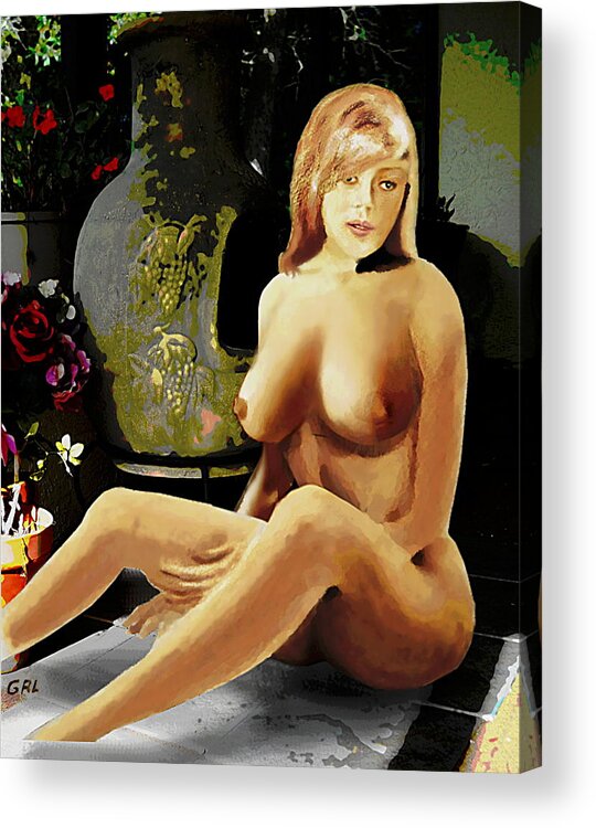 Original Acrylic Print featuring the painting Fine Art Female Nude Jess Sitting On The Patio by G Linsenmayer