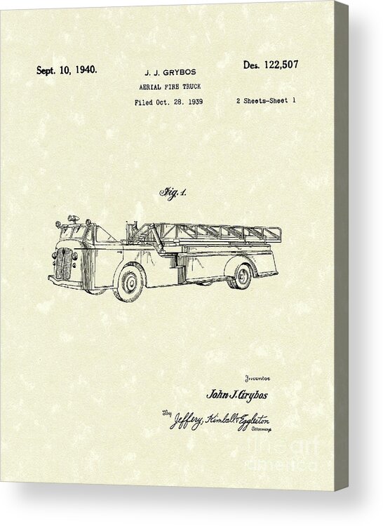 Grybos Acrylic Print featuring the drawing Fire Truck 1940 Patent Art by Prior Art Design