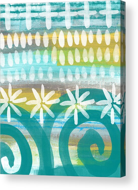 Blue And Yellow Painting Abstract Painting Blue And White Beach Flowers Crosses Yellow And Blue Flowers Ocean Waves Surf Boho Bedroom Art Living Room Art Gallery Wall Art Art For Interior Designers Hospitality Art Set Design Wedding Gift Art By Linda Woods Etsy Art Hgtv Acrylic Print featuring the painting Flowers and Waves- abstract pattern painting by Linda Woods