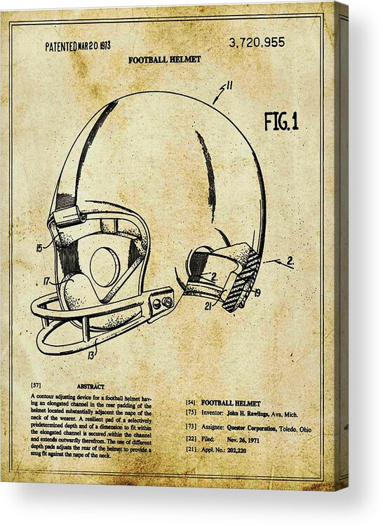 Football Helmet Acrylic Print featuring the mixed media Football Helmet Patent Blueprint Drawing Tan by Tony Rubino