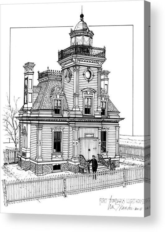Fort Tompkins Lighthouse Acrylic Print featuring the drawing Fort Tompkins Lighthouse by Ira Shander