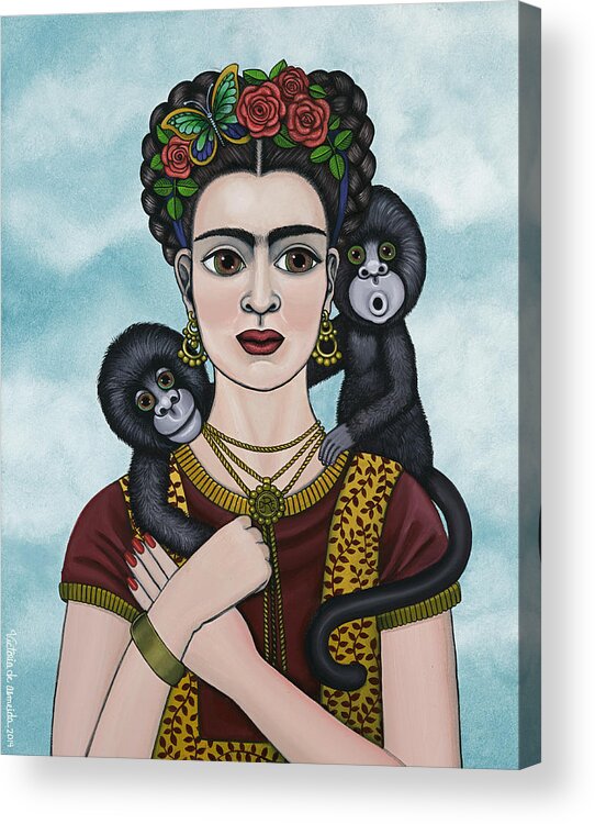 Frida Kahlo Acrylic Print featuring the painting Frida In The Sky by Victoria De Almeida