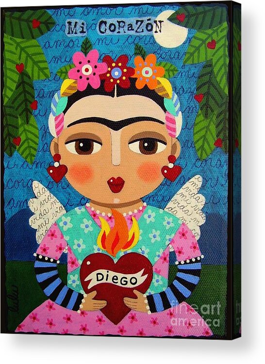 Frida Acrylic Print featuring the painting Frida Kahlo Angel and Flaming Heart by Andree Chevrier