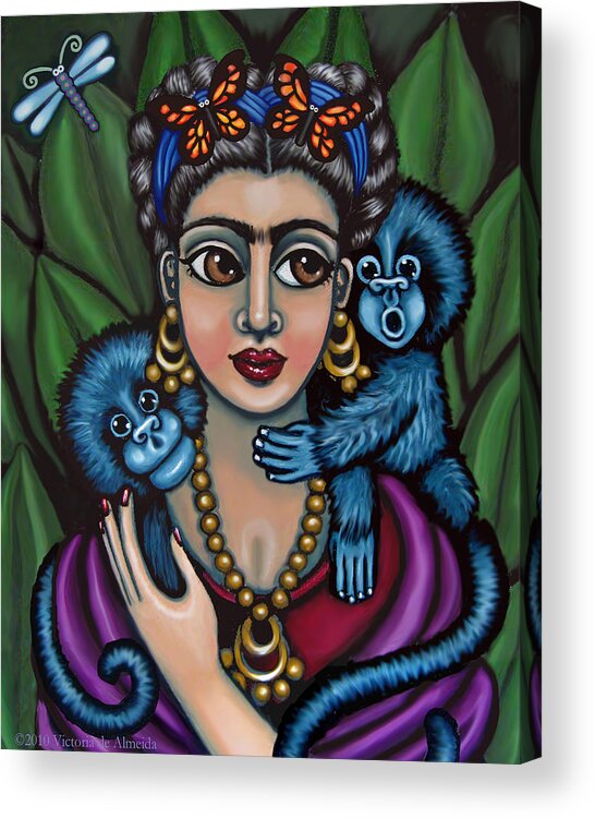 Mexican Folk Art Acrylic Print featuring the painting Frida's Monkeys by Victoria De Almeida