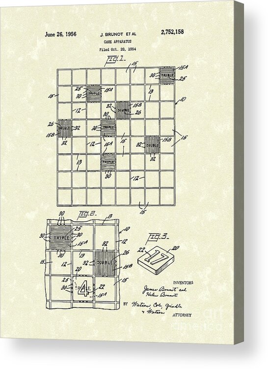 Brunot Acrylic Print featuring the drawing Game Board 1956 Patent Art by Prior Art Design