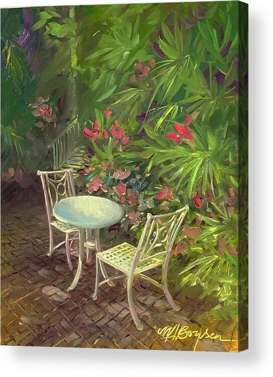 Gardens Hotel Acrylic Print featuring the painting Garden Conversation by Maryann Boysen