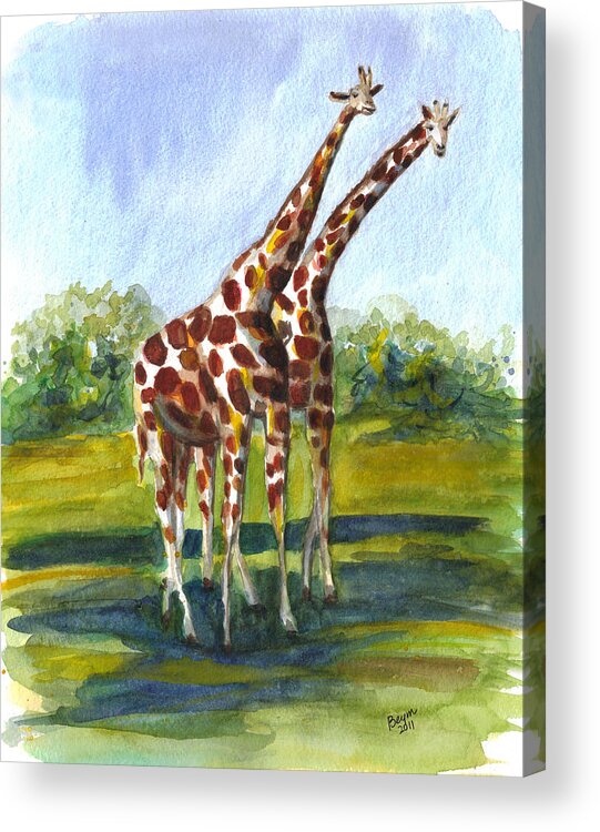 Giraffe Acrylic Print featuring the painting Giraffe twins by Clara Sue Beym