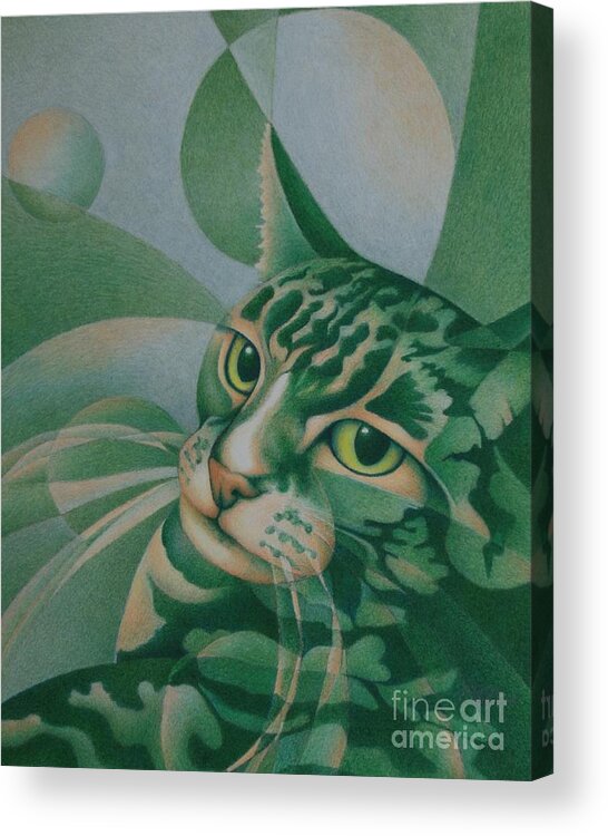 Cat Acrylic Print featuring the painting Green Feline Geometry by Pamela Clements