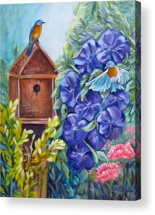 Bluebirds Acrylic Print featuring the painting Home at Last by Carol Allen Anfinsen
