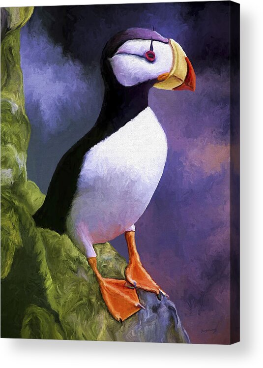 Animal Acrylic Print featuring the painting Horned Puffin by David Wagner