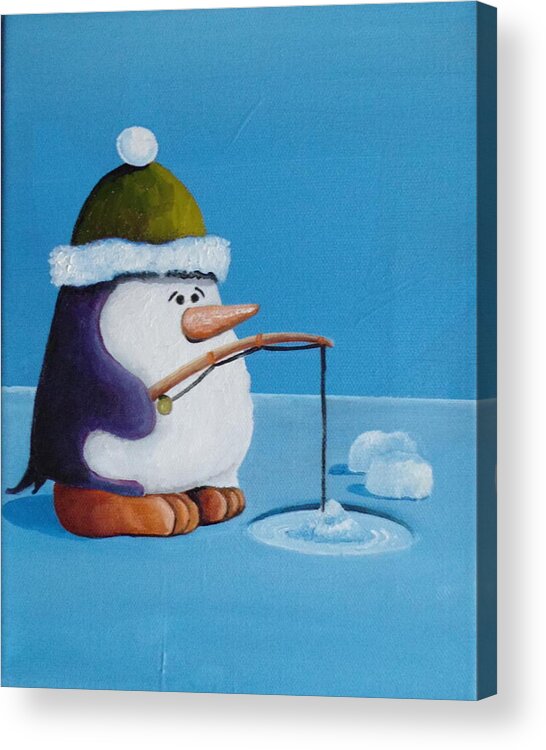 A Cartoon Penguin With A Green Hat Ice Fishing. Acrylic Print featuring the painting Ice Fishing by Martin Schmidt