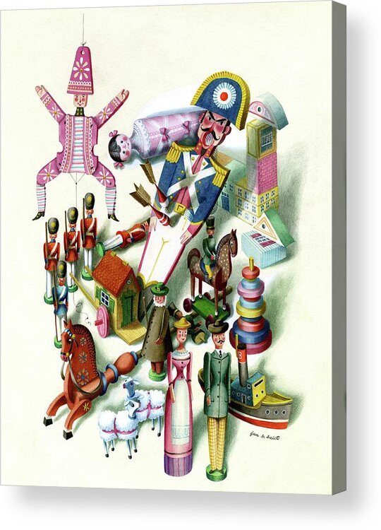 Children Acrylic Print featuring the digital art Illustration Of A Group Of Children's Toys by Jan B. Balet