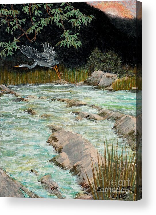 River Acrylic Print featuring the painting Solitary Heron by Edward Fuller