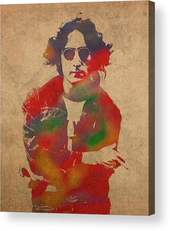 John Acrylic Print featuring the mixed media John Lennon Watercolor Portrait on Worn Distressed Canvas by Design Turnpike