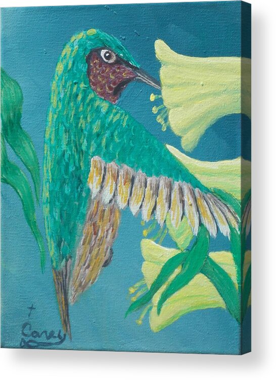 Flowers Bird Painting Acrylic Print featuring the painting Just A Hummingbird by Carey MacDonald