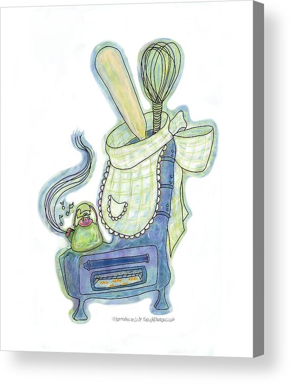Sock Wisdom Acrylic Print featuring the mixed media Kettle Warm Stove Sock v.3 by Lorraine Mullett