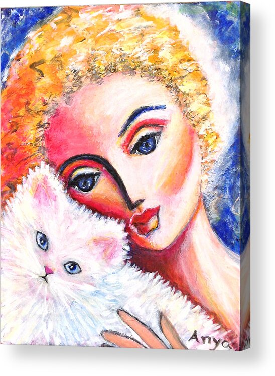 Persian Cat Acrylic Print featuring the painting Lady and White Persian Cat by Anya Heller