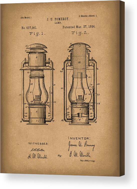 Lamp Acrylic Print featuring the drawing Lamp Pomeroy 1894 Patent Art Brown by Prior Art Design