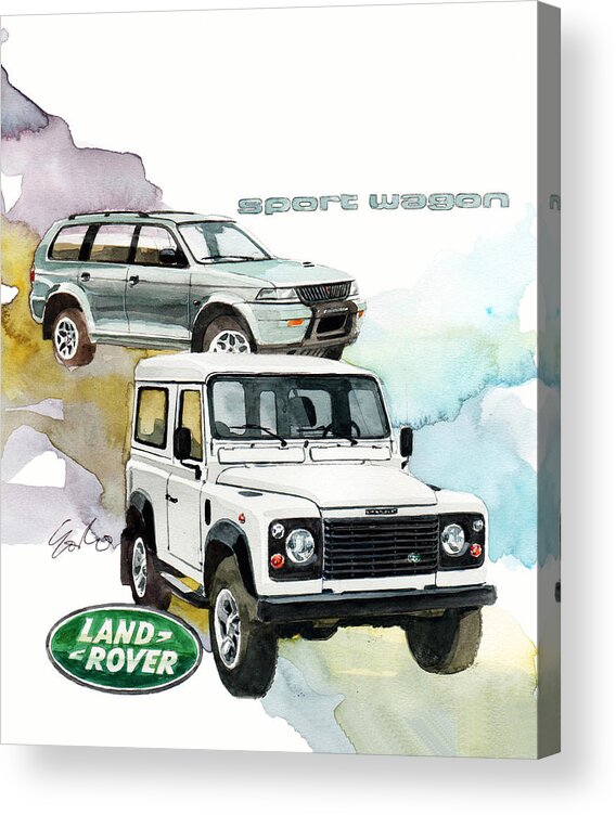 Land Rover Defender And Mitsubishi Sport Wagon Acrylic Print featuring the painting Land Rover Defender and Mitsubishi Sport Wagon by Yoshiharu Miyakawa