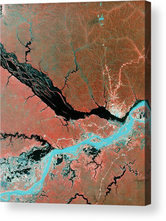 Landsat Imagery Acrylic Print featuring the photograph Landsat Image Of Confluence Of Amazon & Rio Negro by Mda Information Systems/science Photo Library