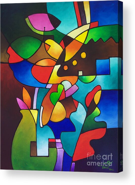 Cubist Acrylic Print featuring the painting Leaf and Vase by Sally Trace