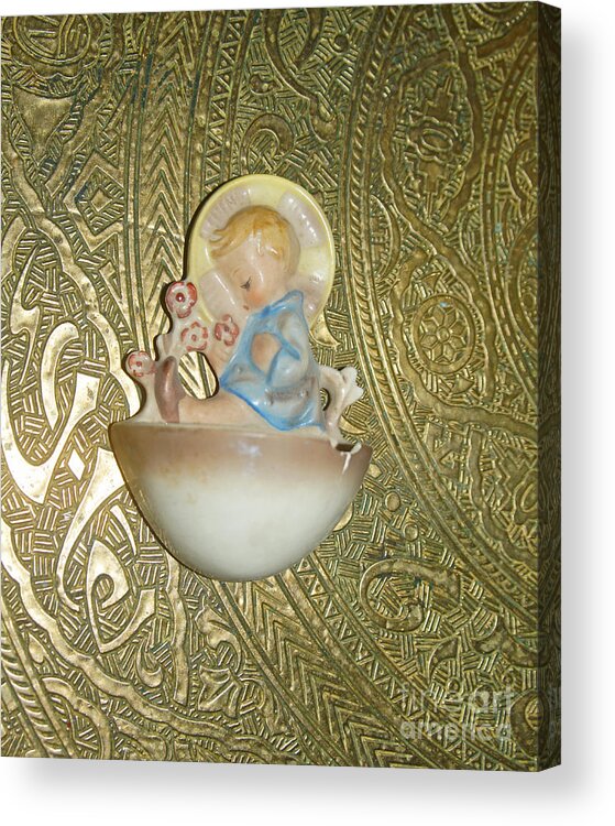 Baby Acrylic Print featuring the photograph Newborn boy in the baptismal font Sculpture by Eva-Maria Di Bella
