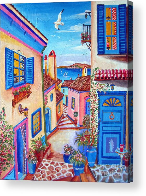 Village Acrylic Print featuring the painting Little Fishermen Village in the Aegean Sea by Roberto Gagliardi